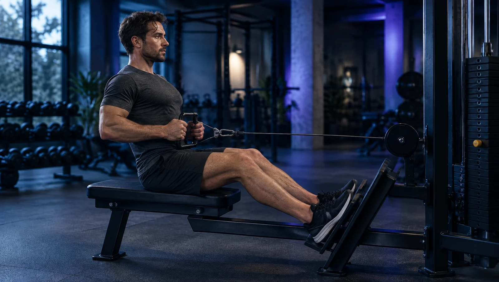 A man doing a controlled seated cable row in a blue-lit gym