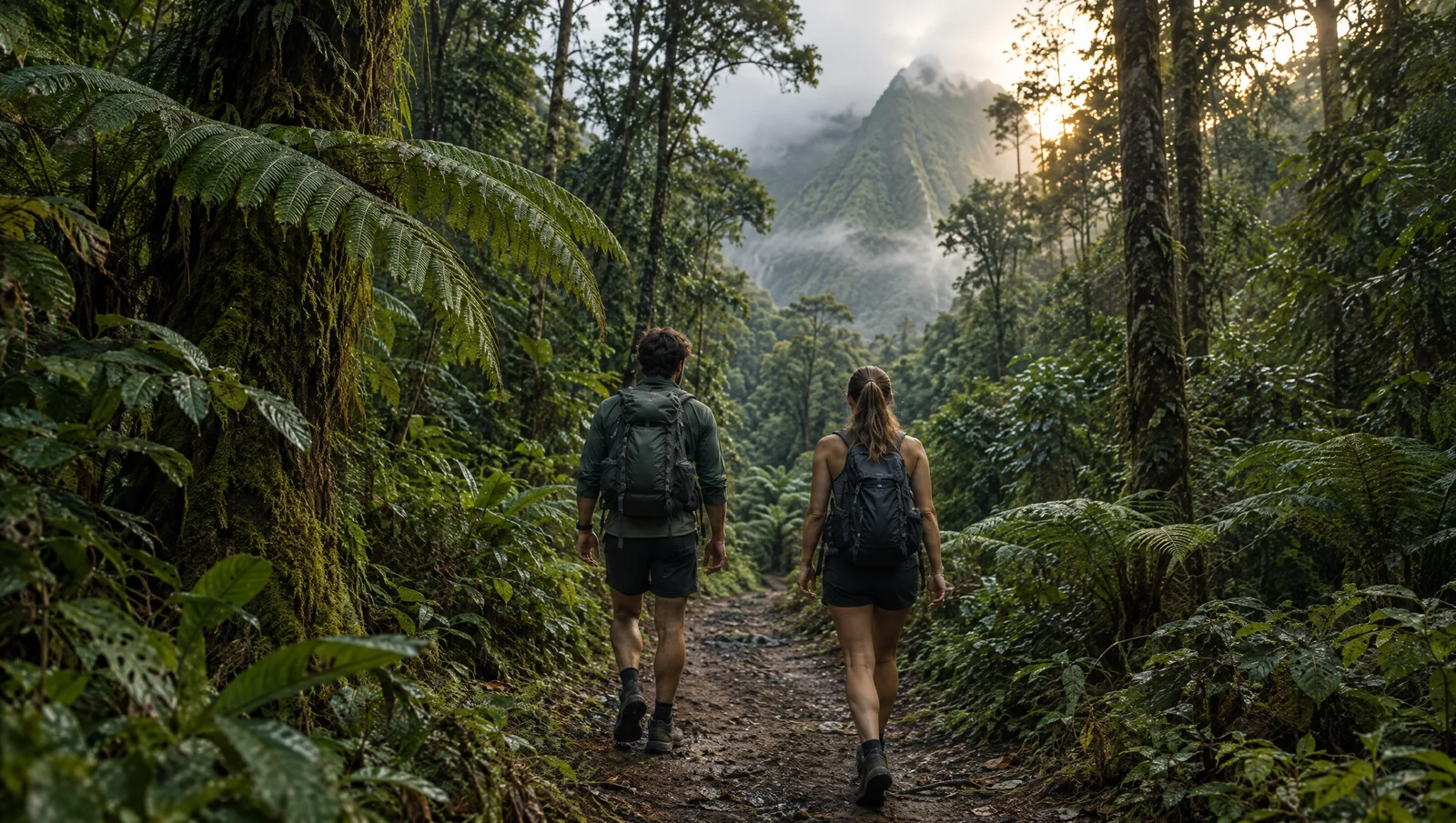 Two friends walking a lush forest trail through ferns and mist