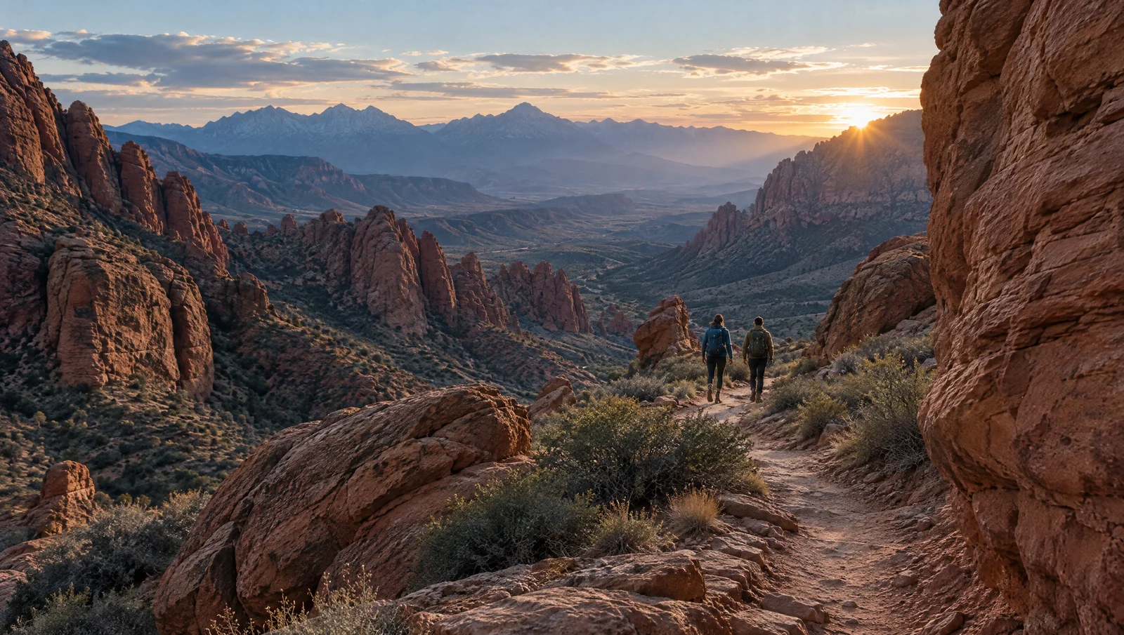 Friends exploring a winding desert trail between sandstone formations